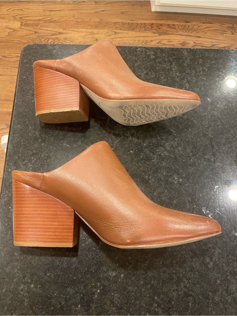 Able Brown Leather Block Heel Mules